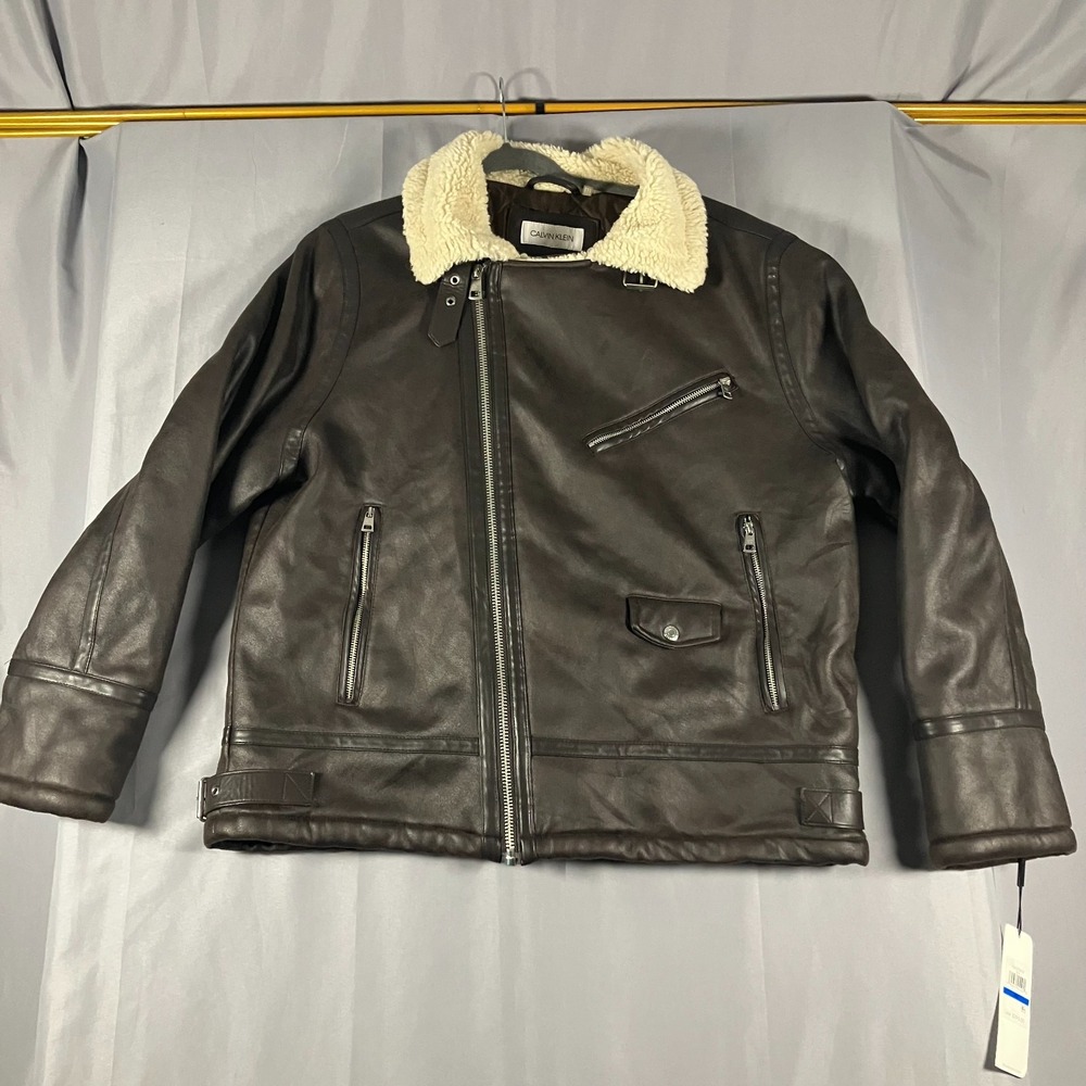 Calvin Klein Men's Extra Large Faux Leather Sherpa Collar Moto Jacket‎ Brown